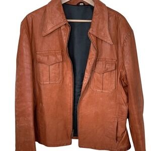 Brown Leather Coat Vintage 1970s Camel Jacket Pointed Collar Y2K Men's size 44
